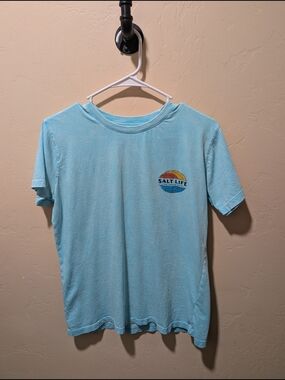 EUC Woman's Salt Life Light Blue Aqua Teal Livin Salty Graphic  Salt Wash Tee S